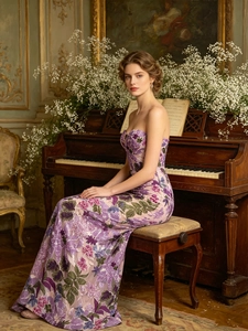 Elegant strapless purple floral maxi dress with intricate sequins for formal occasions
