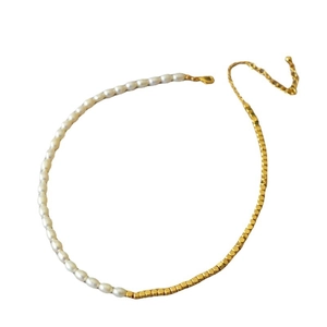 Freshwater pearl and faceted golden square bead splice necklace with adjustable chain