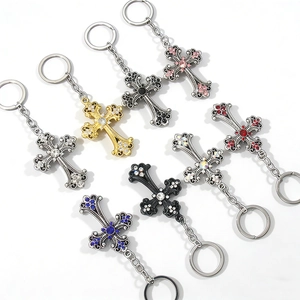 Vintage Alloy Cross Keychain For Women Men Gothic Rhinestone Hollow Out Bag Pendant Religious Decorative Key Ring Accessory