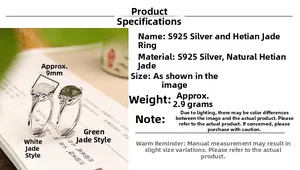 Detail of s925 silver Hetian jade ring showing 9mm square stone and 2.9g weight