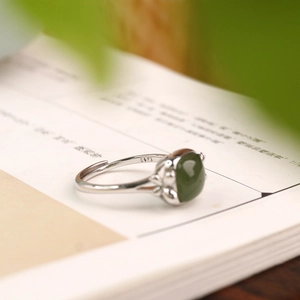 Macro shot of S925 silver ring featuring square green jade and adjustable band detail