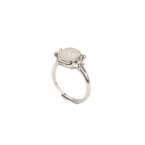 Minimalist S925 silver Hetian jade square ring featuring a delicate butterfly side motif
