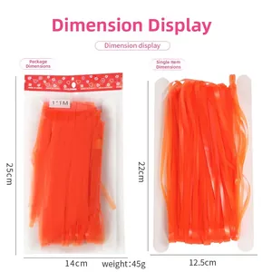 Detailed size chart for orange macaron foil fringe curtain showing 1x1M dimensions
