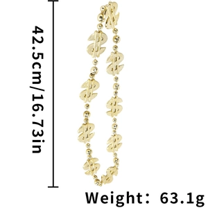 Détail du collier de perles signe dollar doré avec longueur 42,5 cm et poids de 63,1 g