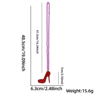 Purple beaded necklace with red glittery high heel pendant and dimension measurements