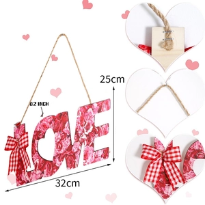 Floral LOVE wooden sign with roses and plaid bow for Valentine Day wall decor 32x25cm