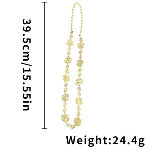 Détail du collier signe dollar doré avec dimensions de 39,5cm de long et poids de 24,4g