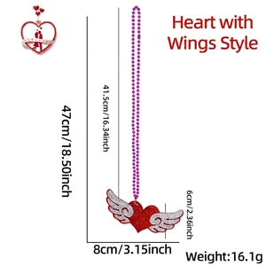 Detail view of heart and wings pendant necklace with dimensions and glitter finish