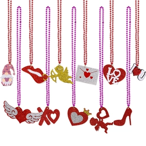 Valentine's Day felt necklaces with glitter heart pendants and colorful bead chains
