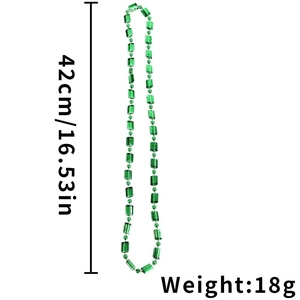 Detail view of 42cm green beaded Carnival necklace showing dimensions and 18g weight