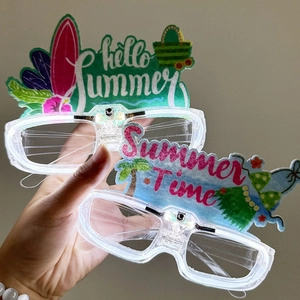 Detail of LED summer glasses with Hello Summer and Summer Time patterns for beach party