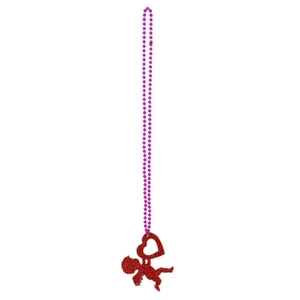 Pink beaded necklace with red glitter heart and Cupid angel pendant for Valentine's Day