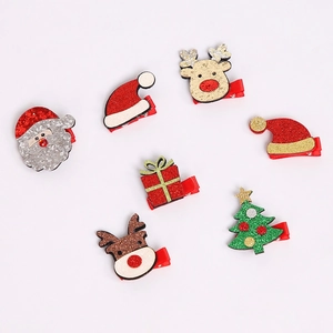 Glitter Christmas hair clips set with Santa Claus, reindeer, and tree for kids