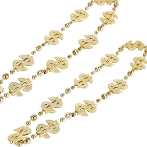 Collier hip hop doré avec pendentifs signe dollar et perles rondes sur fond blanc uni