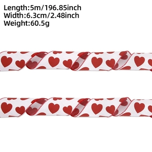 Detail von Leinenimitat-Band mit roten Herzen, zeigt 6,3 cm Breite und 5 m Länge Maße