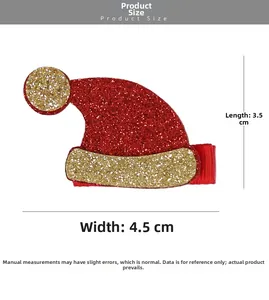 Detailed size chart of red glitter Santa hat hair clip showing dimensions and clip base