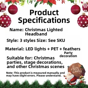 Detailed specs of LED Christmas headband with PET material and soft feather trim