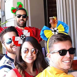 Detailed view of soccer-themed satin bow headbands with 3D miniature balls for fans