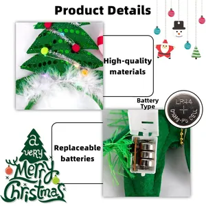 Detail of Christmas tree headband featuring LED lights, feathers, and LR44 battery compartment