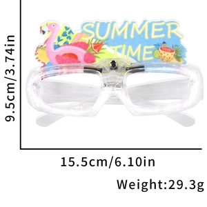 Detail view of transparent LED Hawaii glasses with flamingo decor and size measurements