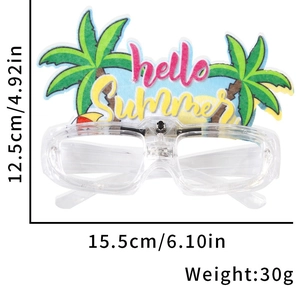 Detailed size chart of transparent LED summer party glasses with coconut tree decor