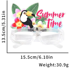 Detail shot of Summer Time LED glasses with toucan design and size dimensions