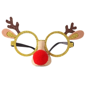 Christmas reindeer glasses frame with gold glitter antlers and a plush red nose prop
