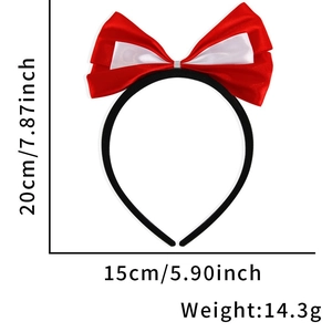 Detail view of large red and white satin bow headband with size and weight specs