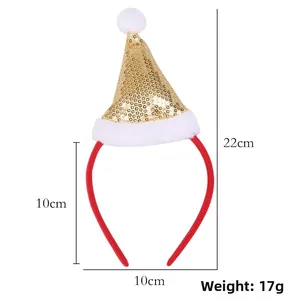 Detail view of gold sequin Christmas hat headband with 22cm height and 10cm width dimensions