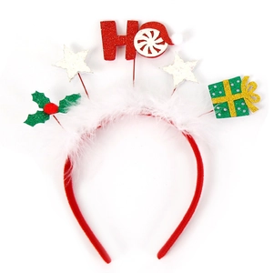 Detail of Christmas headband with plush white fur and festive sequined spring ornaments