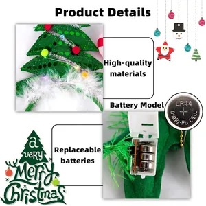 LED Christmas headband with green sequins, colorful pom-poms and LR44 battery details