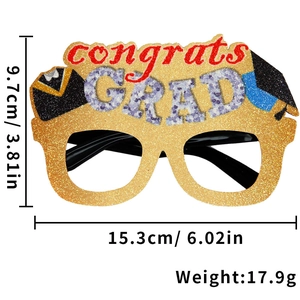 Golden glitter Graduation glasses with Congrats GRAD text and bachelor hat decor