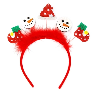 Detail of red Christmas headband featuring plush feathers, Santa hat, snowman and socks