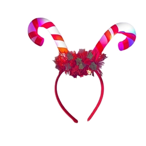 LED Christmas headband with glowing candy canes, festive red tinsel and holly berry decor