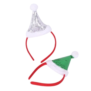 Detail of silver and green sequin mini Christmas hats on festive red headbands