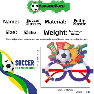 Detail view of soccer party glasses showing felt texture, 15x12.5cm size and 12.4g weight