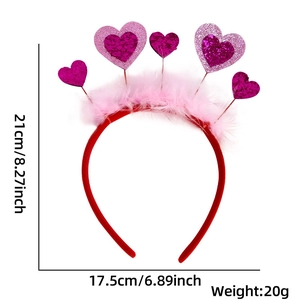 Valentine's Day headband with pink feathers and glitter hearts, size 21x17.5cm