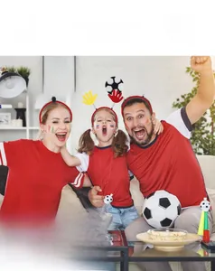 Three football themed headbands for parties, featuring felt soccer balls and vibrant soccer motifs