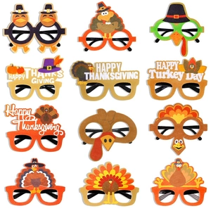 Set of 12 Thanksgiving felt party glasses featuring turkey and pumpkin designs