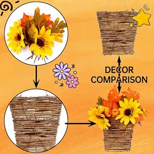 Thanksgiving rattan basket set with sunflowers, maple leaves, and faux pumpkins for decor