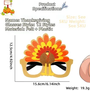 Detail showing felt turkey party glasses with 15.6cm width and 19.3g weight specs