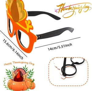 Close-up of turkey shaped Thanksgiving party glasses with detailed size measurements
