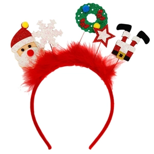 Serre-tête de Noël avec Père Noël, étoiles et plumes rouges sur fond blanc