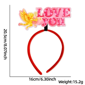 Red Valentine Love You headband with Cupid arrow and size specs, 20.5cm by 16cm