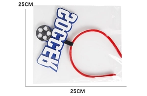 Detailed view of soccer themed party headband with 25cm size measurements shown