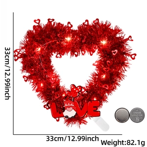Luminous red heart wreath with gnome and LOVE sign, 12.99 inch Valentine decor