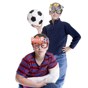 Detail of soccer themed party glasses featuring football and competition motifs on models