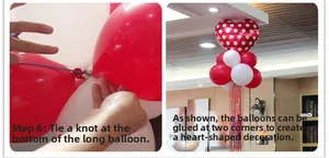 Detail showing the assembly of balloon heart kit with red fringe curtain for party decor