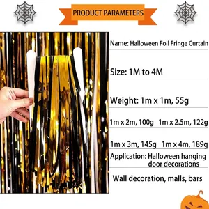 Detailed vertical view of black and gold tinsel fringe curtains for Halloween party decor