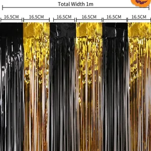 Detail of 1m wide black and gold foil fringe curtain with 16.5cm alternating color blocks